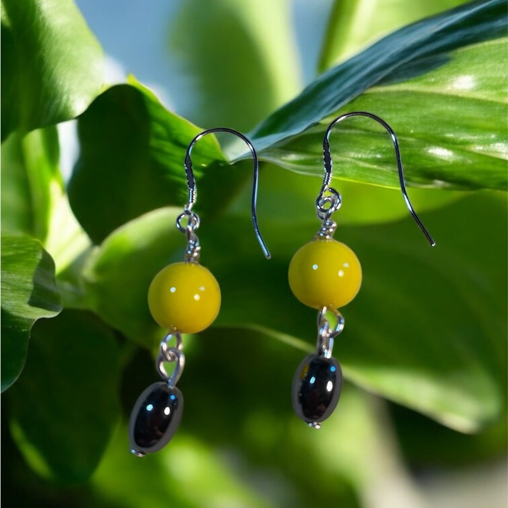Sterling Yellow Glass and Plated Hematite Beaded Earrings